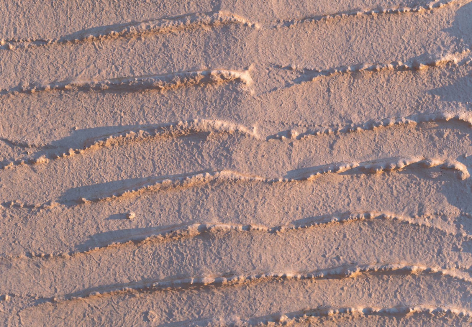 Limewashed wall in low warm light, brush and trowel ridges throwing soft shadows across the surface